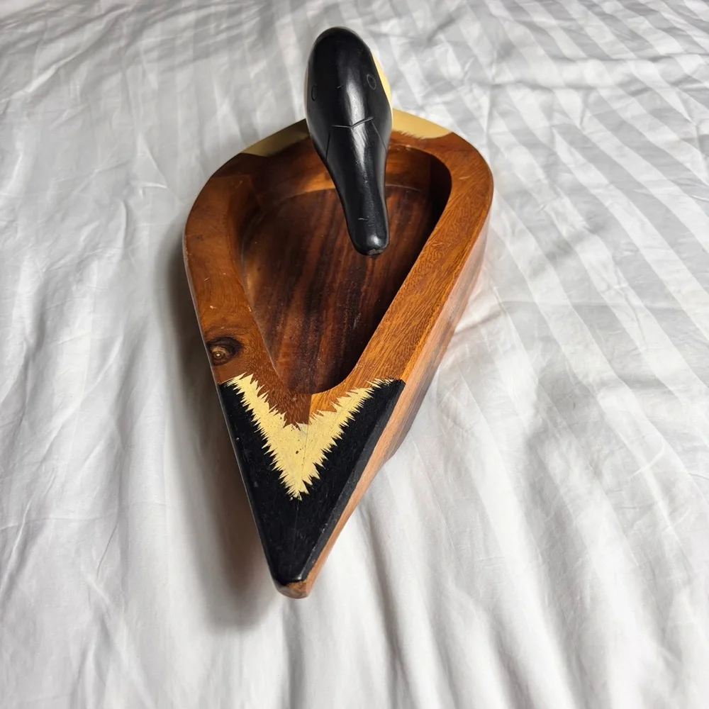 MCM handmade wooden duck head catch all dish or decorative object farmhouse